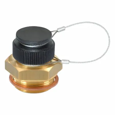 JW WINCO Fluid Drain Valve: Brass, M30x1.5 Mounting, M26x1.5 Valve-Fitting Thd. - Fluid Drain Valves with Tethered Cap
