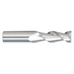 Carbide corner-radius end mill designed for aluminum and non-ferrous materials. Features a 1/4" mill diameter, 1/2" length of cut, 0.015" corner radius, and 2 flutes. The corner radius strengthens the cutting edge, enabling higher feed rates and improved surface finish while reducing chipping.