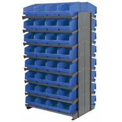 This metal stationary pick rack features a gray steel frame and 64 blue open-front shelf bins, each 6 in x 8-3/8 in x 11-5/8 in. The bins are arranged on 16 shelves across 2 usable sides, providing organized storage for small parts in industrial settings such as warehouses, assembly lines, and maintenance shops.