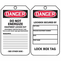This Danger Do Not Operate tag is made of RP-plastic with a write-on surface for adding specific hazard details. Printed in English with the word Danger, it is used in lockout/tagout procedures to communicate equipment status during maintenance in industrial and facility settings.
