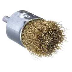 This WEILER end brush features crimped brass fill for nonsparking light cleaning on soft metals. With a 1 in diameter and 0.012 in fill diameter, it is suited for removing oxidation, burrs, and light residue from non-ferrous surfaces. The 1/4 in shank fits standard power tools. Typical applications include cleaning in environments where spark prevention is critical.