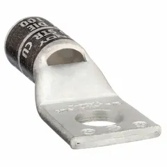 Copper one-hole compression lug for terminating 2/0 AWG solid or stranded copper wire to a 3/8 in stud. UL-listed for use in industrial electrical panels, switchgear, and power distribution systems.