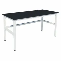 This adjustable-height lab table features an epoxy surface for chemical resistance and a 2,000 lb load capacity. Overall dimensions: 24 in wide, 36 in high, 4 ft long. Height adjusts from 30 in to 36 in. Suitable for laboratory testing, assembly, and inspection stations.