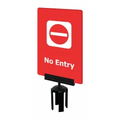 Red acrylic sign displaying a 'No Entry' message, designed for mounting on Tensabarrier posts. Includes a mounting adapter for secure attachment. Overall dimensions: 7 in width by 11 in length. Used for crowd control and restricted area marking in industrial and public settings.