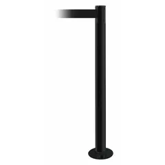 This retractable belt post barrier features a steel base and metal alloy post, both finished in black. The black belt extends 7 1/2 ft and has no legend or pattern. It is used for pedestrian flow management, queue guidance, and cordoning off areas in industrial and public settings.