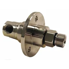 Nickel-plated C38500 brass rotary union with a single passage and ceramic seal. Designed for air service, it transfers compressed air from a stationary supply to a rotating shaft or drum. Maximum speed 2000 RPM. Suitable for applications requiring continuous air flow to rotating components.