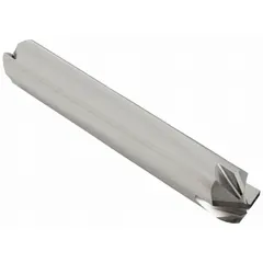 This double-end carbide chamfer mill features a 90° included angle with 4 flutes, a 1/8" mill diameter, and 1-1/2" overall length. It is used for creating 90° chamfers on workpiece edges for deburring, beveling, and weld preparation in metalworking and fabrication operations.