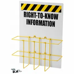 This wall-mount safety station is designed to display hazard communication signs, instructions, and documents in industrial facilities. The black enclosure measures 20 inches high by 14 inches wide by 5 inches deep. Mounting hardware is not included. Typical applications include organizing safety information in plants, warehouses, and workshops to support compliance and hazard communication.