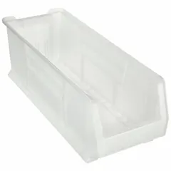 This stationary plastic bin measures 11 in x 10 in with an overall length of 29 7/8 in. The clear construction allows visual identification of contents. Stacking capability enables vertical storage to save floor space in workshops, warehouses, and assembly lines.