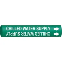 Snap-on pipe marker for identifying chilled water supply lines in HVAC and industrial piping systems. Green background with white legend and directional arrows. Fits pipe outer diameters from 1-1/2 to 2-3/8 inches. Single marker included
