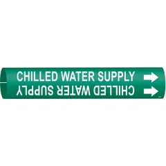 Snap-on pipe marker for identifying chilled water supply lines in HVAC and industrial piping systems. Green background with white legend and directional arrows. Fits pipe outer diameters from 1-1/2 to 2-3/8 inches. Single marker included.