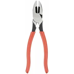 Multipurpose lineman's pliers with a flat jaw design, 1 5/8 in jaw length, 1 1/4 in jaw width, and 5/8 in jaw thickness. Features a conduit reaming nose and heavy plastic-dipped handles. Used for cutting, gripping, bending, and twisting wire in electrical and construction applications.
