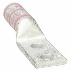 This two-hole compression lug is designed for terminating 1/0 AWG stranded copper wire. It features a long copper barrel and accommodates a 3/8 in stud size. Suitable for use in electrical panels, switchgear, and heavy machinery connections requiring a secure crimp connection.