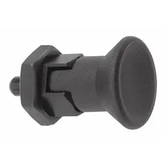 This indexing plunger features a locking short-pin design with a pull-knob for manual retraction. Constructed from steel with an M10x1 thread, it provides a nose force range of 5 N to 12 N. The included jam nut ensures secure installation. Typical applications include precise positioning and locking of machine components such as rotary tables, fixtures, or sliding mechanisms.