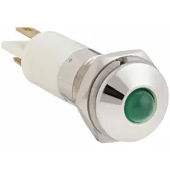 Green LED pilot light with raised head for panel mounting in a 10 mm hole with M10 thread. Electrical connection via 0.11 male quick disconnect terminal. Used on industrial control panels and machinery to indicate operational status.