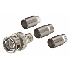 Male BNC connector for terminating RG-59 and RG-6 coaxial cables. Crimp-on installation provides a secure connection. Silver finish. Sold in a 10-pack.