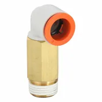 This SMC push-to-connect elbow fitting connects 1/2 in OD tubing to a 3/8" male NPT port. Made of brass with a white finish, it provides a secure connection in pneumatic or fluid systems. The push-to-connect design allows tool-free assembly for quick installation