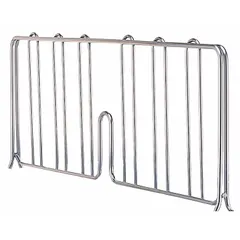 Stainless steel shelf divider for wire shelving systems. Silver finish, 18 in ledge size. Used to organize and separate items on shelving, keeping products upright and preventing mixing in storage areas.