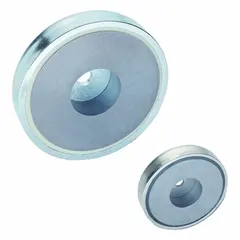 This ELESA cup magnet is a Samarium Cobalt rare earth magnet with a 25 mm outside diameter and 7 mm thickness. It provides a maximum pull force of 23.5 lbf. The cup design concentrates magnetic flux for secure holding of ferrous parts in industrial automation, jigs, and fixtures.