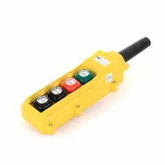 Push-button pendant with four momentary push buttons (1NO each) and no legend. Dead-end hub style. Thermoplastic enclosure rated NEMA 4/4X. AC contact rating 5 A @ 125/240 V; DC contact rating 0.4 A @ 120 V. Used for remote control of cranes, hoists, and industrial machinery in factory and warehouse environments.