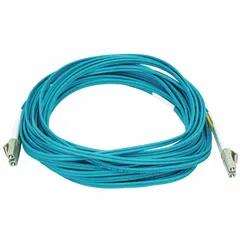Duplex 50/125 µm OM4 multi-mode fiber optic patch cord with LC connectors on both ends. 10-meter length with aqua PVC jacket and riser fire rating. Used for interconnecting network equipment in data centers and local area networks.