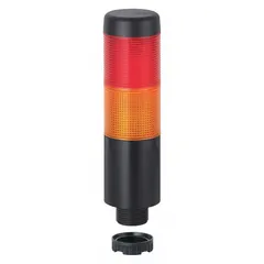 Two-tier tower light assembly with red/yellow light tiers and integrated sounder. Operates on 24V AC/DC with steady light mode. Overall height 141 mm. Provides visual and audible status indication for industrial machinery and automation systems.