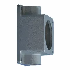 Aluminum back box rated 60 A with a 1.25 in feed through hub for straight hub configurations. Used in industrial electrical enclosures for wiring and power distribution applications.