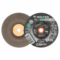 Type 29 depressed center grinding wheel for concrete and masonry. 5" diameter, 1/8" thickness, 5/8"-11 arbor, 36 grit. Removes mill scale, welds, and surface imperfections.