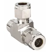This double-ferrule stainless steel tee fitting connects three tubing or pipe lines in instrumentation, hydraulic, and process systems. It provides leak-tight sealing in high-pressure or corrosive environments, commonly used in chemical, oil and gas, and industrial fluid handling applications