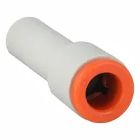 Brass push-to-connect adapter fitting with two ends: one for 1/4 in OD tube and the other for 5/16 in OD tube. Used to join tubes of different diameters in pneumatic systems without tools, providing a secure connection for automation, packaging, and material handling equipment
