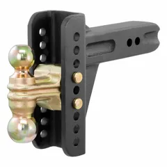 Steel adjustable ball mount with powder-coated finish and carbide coating for rust resistance. Features 2 in and 2 5/16 in ball diameters, compatible with 2 1/2 in ball shank diameter. Includes pins and clips. Used for towing trailers, boats, and campers with common couplers.