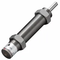 Steel industrial shock absorber with 44.1 N force rating. Used to decelerate moving loads and reduce impact forces in automation, packaging, and material handling systems