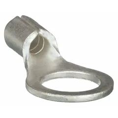 Non-insulated ring terminal for #6 stud size, rated 600 V. Accommodates 22 AWG to 16 AWG wire. Features a butted barrel and seam design. Used for creating secure electrical connections in control panels, machinery, and power distribution systems.
