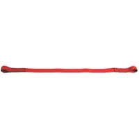 This LIFT-ALL tie-down strap is made of red polyester with sewn-eye ends, measuring 24 inches in overall length. It is designed for securing motorcycles during transport, providing a reliable connection point. The polyester construction offers resistance to abrasion for repeated use