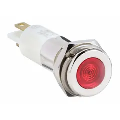 This LED indicator pilot light features a red flush head and is designed for panel mounting in a 10 mm diameter hole. It provides a clear visual signal in control panels, machinery, and industrial equipment where space is limited and a low-profile appearance is required. Electrical connection is via a 0.11 male quick disconnect.