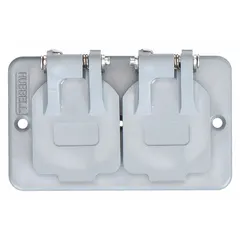 This gray portable outlet box cover is designed for duplex receptacles and carries a Type 3R rating for outdoor use. It protects receptacles from rain, sleet, and snow, making it suitable for temporary power setups, construction sites, and exterior maintenance areas.