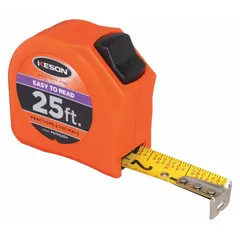 This 25 ft tape measure features SAE/fractional-read graduations in 1/16 in increments, a nonmagnetic single hook tip, and a manual lock. The vertical read design and plastic orange case support inch/fractional-read applications in construction, framing, and layout work.