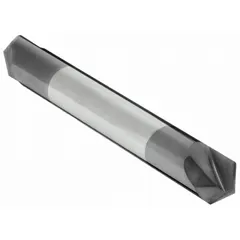 This double-end carbide chamfer mill features a 90° included angle and AlTiN coating for wear resistance. With two flutes and a 1/8" mill diameter, it is used for creating chamfered edges, deburring, beveling, and preparing weld joints on metal workpieces in machining and fabrication applications.