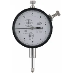 This MITUTOYO dial indicator is a continuous reading flat back model with a 0 in to 0.5 in measurement range and 0.0001 in graduation. It features a lug back, 0-10 dial reading, and a 57 mm dial size. The indicator includes a Long Form Certification of Calibration. Typical applications include comparative measurements in machining and quality inspection for checking runout, taper, or surface flatness.