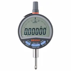 This digital indicator features a non-removable flat back and a 66 mm body diameter. It provides inch/metric readout with a measurement range of 0 to 0.5 in (0 to 12.7 mm) and accuracy of ±0.0001 in. Suitable for precision measurement of small displacements in machining, quality control, and inspection applications.