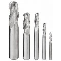 This 5-piece set of carbide ball end mills features 3 flutes and mill diameters from 1/8" to 1/2". Designed for general-purpose milling, these tools are suitable for contouring, slotting, and profiling in ferrous and non-ferrous materials.