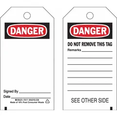 Pack of 25 white danger pre-printed header tags with black and red printing. Each tag includes a cable tie fastener for secure attachment. Used for hazard identification and safety labeling in industrial environments.