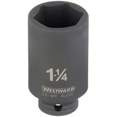 SAE 6-point deep impact socket with 1/2" drive and 1-1/4 in socket size. Manganese phosphate finish provides corrosion resistance. Designed for use with impact tools to fasten and loosen hex nuts and bolts in automotive, heavy equipment, and industrial maintenance applications.