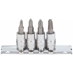 This 25-piece Phillips bit socket set includes four bits with tip sizes ranging from PH0 to PH3. Designed for a 1/4 in drive, it is suited for driving cross-head screws in assembly, maintenance, and repair tasks. The SAE set features a fixed insert design for secure bit retention.