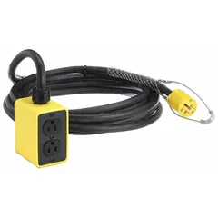 This pendant drop outlet box provides overhead power distribution in industrial settings. It features a 25 ft 12/3 cable with a NEMA 5-15P plug and four outlets rated 15 A at 125V AC. Temperature rating is -40° to 194°F.