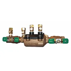 Double check backflow preventer with 3/4 in pipe size, flange x flange connections, and ball valve shut-off. Bronze body, 11 in overall length. Used in non-health hazard cross-connections such as irrigation or fire sprinkler systems.