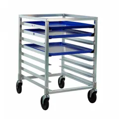 Half-size aluminum pan rack with 8 slots spaced 3 in apart, designed to hold 18 x 26 in sheet pans. Measures 20 3/8 in wide by 32 1/4 in high by 26 in deep. NSF certified for foodservice use. Suitable for organizing and transporting sheet pans in commercial kitchens and bakeries.