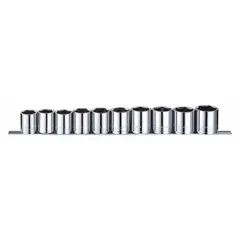 This 10-piece metric socket set features a 1/2 in drive and 6-point design, covering sizes from 22 mm to 32 mm. It is tether ready for safety in elevated work. Suitable for fastening and loosening nuts and bolts in industrial maintenance, automotive repair, and general mechanical tasks.