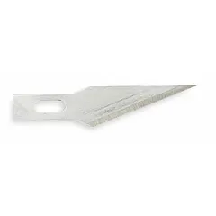 Steel replacement blades for precision cutting tasks. Each blade measures 5/16 in wide and 0.5 mm thick. Suitable for trimming, scoring, and slicing materials such as paper, film, and thin plastics. Supplied in a 5-pack.