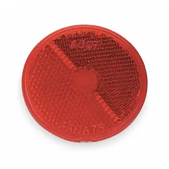 Round red stick-on reflector made of acrylic, measuring 2 1/2 inches in diameter. Meets FMVSS standards for safety compliance. Used for vehicle conspicuity marking on trailers, trucks, and heavy equipment.